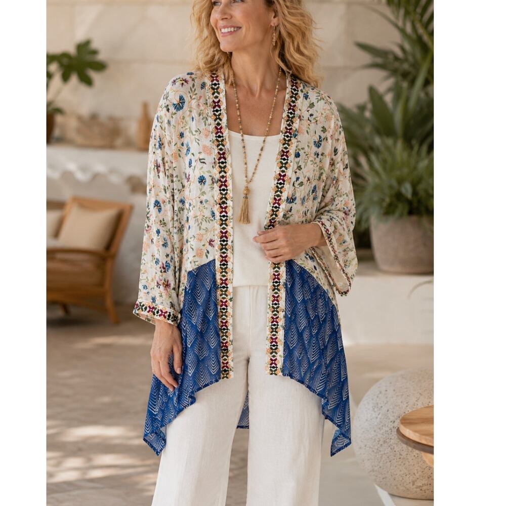 Soft Surroundings Sheer Floral Embroidered Kimono Flowy Boho Coastal Size M